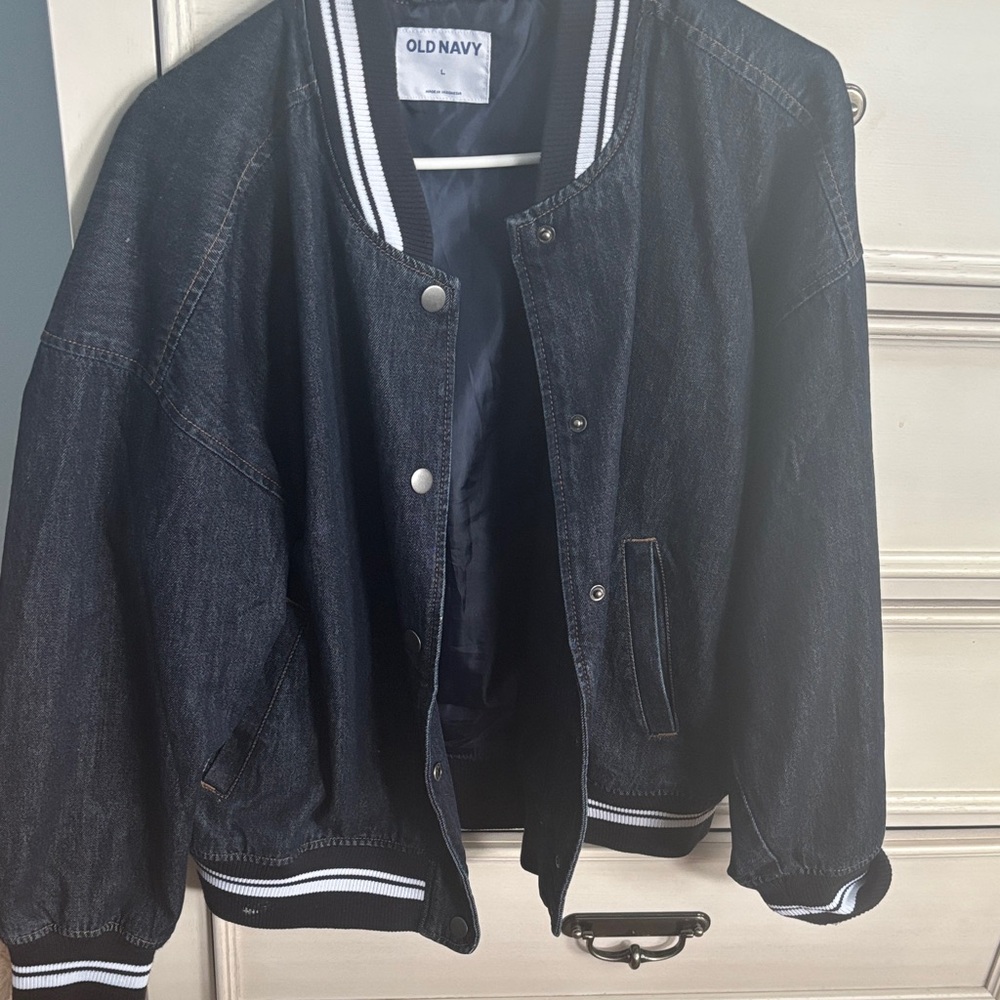 womens Old Navy Blue Denim Jacket with Striped Accents sz large worn 1 x.